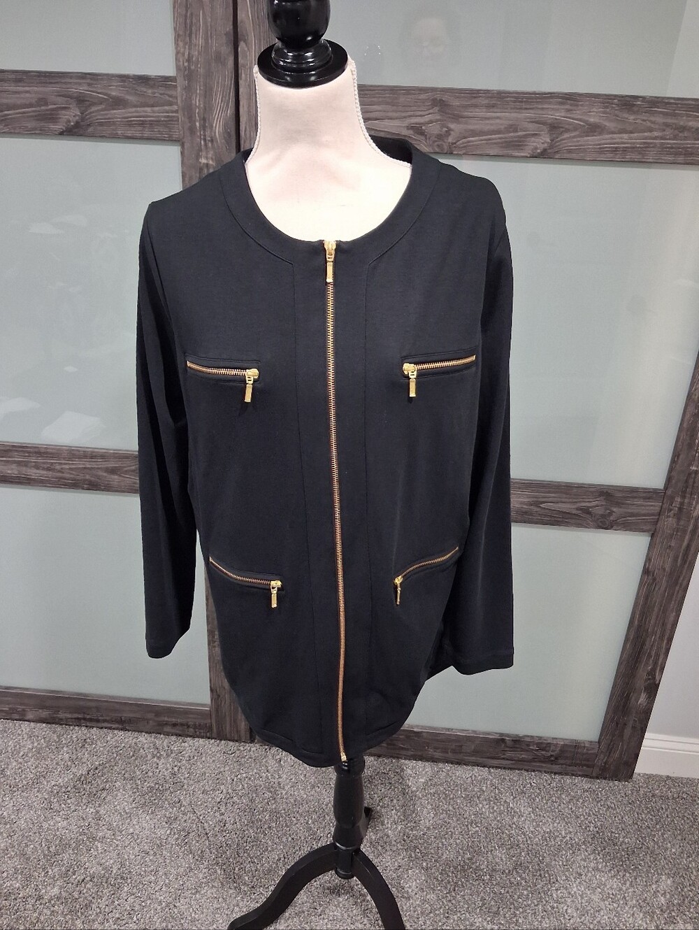 Joan Vass Solid Black Cardigan/jacket W Gold Hardware Details Size Large